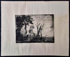 Remsey Jenő (1885-1970): Magányos ház. Rézkarc, papír, jelzett, 20,5×28 cm