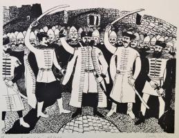 Berki Viola (1932-2001): Zrínyi esküje (17/100). Linó, papír, jelzett, 26×34 cm