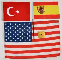 Asztali zászló tartó, spanyol, török, USA zászlóval, 15×21 cm (2×), 29×45 cm