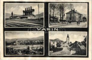 Várna, Varín; Vasútállomás, híd a Vág folyón, Római katolikus templom / railway station, Váh river bridge, Catholic church (r)