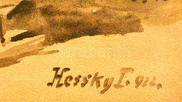 Hessky Iván (1890-1950): Romantika. Akvarell, papír, jelzett, üvegezett keretben, 18×27 cm