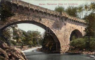 1915 Merano, Meran (Südtirol); Steinerner Steg mit Zenoburg / Castel San Zeno / stone bridge, castle + K. u. k. Landesschützen-Stationskommando in Meran (EK)
