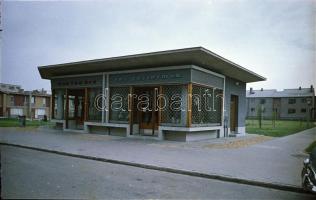 1962 Budapest, modern üzletek (tejtermék, hentes) a lakótelep közepén, külső-belső felvételek, 8 db ...