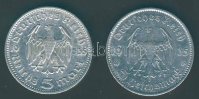 Német 3. Birodalom 1935A 5M Ag "Garnisonkirche" T:3 + 1935F 5M Ag "Hindenburg" T:2/3