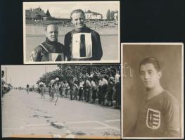 cca 1925 Kerékpárverseny és versenyzők, 3 db vintage fotó, 14x9 cm és 10,5x17 cm