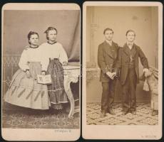 cca 1860 Testvérek, Bülch Ágoston és Pfleger Károly pesti műtermében készült, 2 db vintage fotó, vizitkártya méretben, 10,5x6 cm