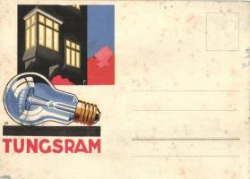 Tungsram villanykörte reklám képeslap, hátoldalán kézzel festett képpel / light bulb advertisment po...
