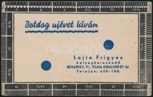 Lajta Frigyes bélyegkereskedő újévi köszöntő reklám kártyája, 8x13 cm