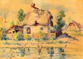 Diószeghy László (1877-1942): Viharvert kunyhó 1918. Akvarell, papír, jelzett, üvegezett keretben, 27×38 cm