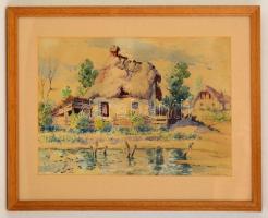Diószeghy László (1877-1942): Viharvert kunyhó 1918. Akvarell, papír, jelzett, üvegezett keretben, 2...
