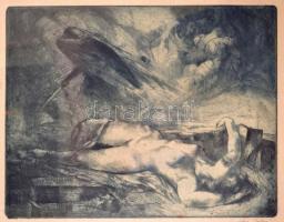 Csóka István (1897-1989): Nő és a halál. Rézkarc, karton, jelzett, üvegezett fa keretben, foltos, 29×37 cm