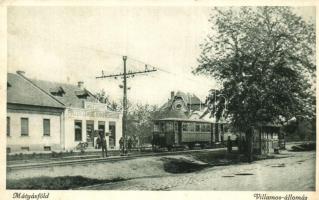 1927 Budapest XVI. Mátyásföld, HÉV (Helyiérdekű Vasút) villamos vasútállomás vonattal. Varga Sándor fűszer, csemege és borkereskedése