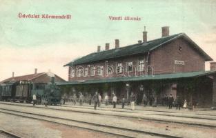 1908 Körmend, vasútállomás gőzmozdonnyal, vasutasok