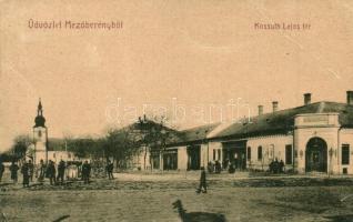 1917 Mezőberény, Kossuth Lajos tér, templom, gyógyszertár, üzletek. Piltz Marton kiadása 1439. W.L. (?) (EB)