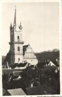 1940 Beszterce, Bistritz, Bistrita; Evangélikus templom / church, photo Beszterce Visszatért So. Stpl.