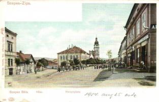 Szepesbéla, Spisska Bela; Fő tér, templom, gyógyszertár. Feitzinger Ede 560. / Hauptplatz / main square, church, pharmacy