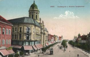1918 Arad, Andrássy tér, Minorita templom, Radó Gyula üzlete, ruhadíszek / sqaure, church, shops (EK)