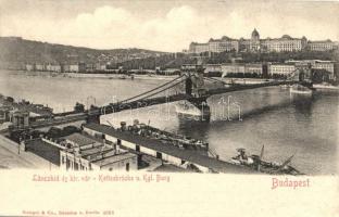 1902 Budapest, Lánchíd és a vár, uszályok (EK)