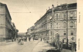 Temesvár, Timisoara; Andrássy út, villamos. Moravetz és Weisz kiadása / street with tram