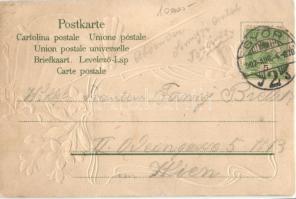 1907 Győr, Baross út, lovaskocsik. Magyar zászló Emb. litho Art Nouveau keret (r)