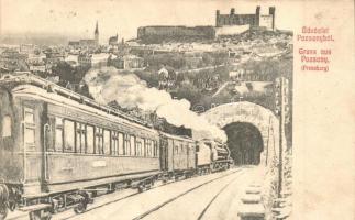 1908 Pozsony, Pressburg, Bratislava; vasúti alagút gőzmozdonnyal, vár. Bediene dich allein / railway tunnel with locomotive, castle