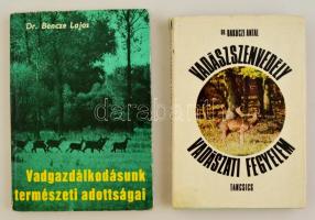 2 db vadászkönyv: Bakóczi Antal: Vadászszenvedély, vadászati fegyelem (Bp., 1971); Bencze Lajos: Vadgazdálkodásunk természeti adottságai (Bp., 1972). Papír-, illetve kartonált papírkötésben, jó állapotban.