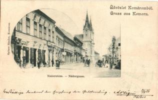1901 Komárom, Komárno; Nádor utca, üzletek, bor és sörmérés. Spitzer Sándor kiadása / street view, shops, inn (Rb)