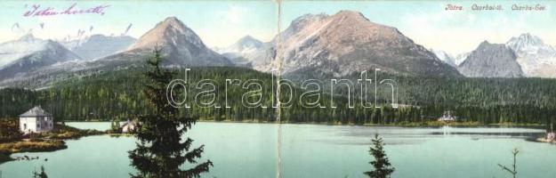 Tátra, Csorba-tó, Strbské Pleso; panorámalap / lake, mountains, panoramacard