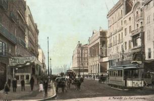 Marseille. La Rue Cannebiére / street view, shops, tram, horse-drawn carriage