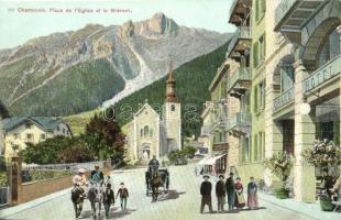 Chamounix (Chamonix-Mont-Blanc). Place de lEglise et le Brévent / street view, church, hotel, horse-drawn carriage