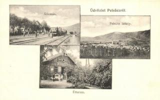 Pelsőc, Pelsücz, Plesivec; Vasútállomás, vonat, étterem, kert / railway station, train, restaurant, garden