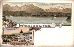 Tátra, Tatry; Üdvözlet a Csorba-tóról! Csorbai tó, Újtátrafüred / Strbské Pleso, Novy Smokovec / lake, spa. Art Nouveau, floral, litho
