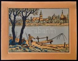 Gácsi Mihály (1926-1987): Szolnok, színes linó, papír, jelzett, paszpartuban, 31,5×41,5 cm