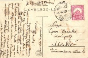 Orosháza, Demartsik Ferenc könyv- és papírkereskedése, üzlet kirakata a tulajdonosokkal, hátoldalon ...