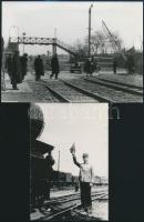 cca 1930-1940 Vasúti életképek, szakállas sorompó, felüljáró, vasutas zászlóval, 2 db fotó, későbbi előhívás, 15×10 és 13×18 cm