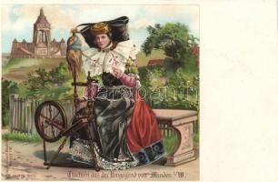 Minden, Trachten aus der Umgegend / Folklore, spinning woman. Gust. Kaulmann litho (cut)