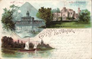 1896 (Vorläufer!) Potsdam, Marmor Palais, Schloss Babelsberg, Pfaueninsel / castle, palace, island. J. Miesler litho (small tear)