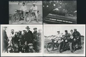 Motorversenyezők motorjaikon (Lukavecz, Paulini, stb.), valamint Dr. Demjén Miklós motoros temetése, 4 db fotó, utólagos előhívás, hátoldalon feliratozva, 6,5×9,5 és 9×12 cm