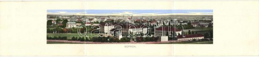 Sopron, Oedenburg; látkép, Honvéd főreáliskola, laktanya. Schwarz Károly kiadása, 3-részes kihajtható panorámalap / 3-tiled foldable panoramacard (hajtásnál kicsit szakadt / bent till broken)