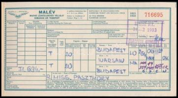 1965 Bp., MALÉV repülőjegy, Budapest-Varsó viszonylatra