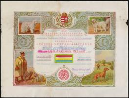 1943 Bp., Magyar Ebtenyésztők Országos Egyesülete által nemzetközi kutyakiállítás győztesének kiállított oklevél, foltos