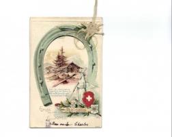 Helvetia. Gruss aus der Schweiz! / Horse shoe, real flower, coat of arms. Emb. litho