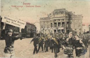 ~1907 Pozsony, Pressburg, Bratislava; Városi színház. Montázslap katonai üdvözlettel / Städtisches Theater. Militärische Grüsse / theatre. Montage with military greeting and soldiers (r)