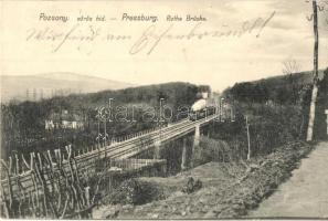 1911 Pozsony, Pressburg, Bratislava; Vörös híd gőzmozdonnyal / Rothe Brücke / railway bridge with locomotive