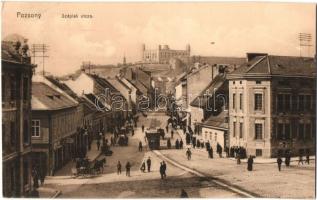 1913 Pozsony, Pressburg, Bratislava; Széplak utca és villamos, Krausz tejcsarnoka, Ney üzlete / street view with tram, shops and milk hall