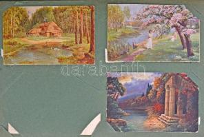 Kb. 300 db régi művész motívumlap nagy alakú képeslap albumban / Cca. 300 pre-1945 art motive postcards in a big sized album