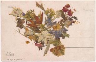 Budapest I. Királyi vár. Magyar zászlós, virágos keret. Hátoldalon szárított élő virág (EK)