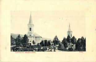 Merény, Feketehegyfürdő, Vondrisel, Nálepkovo; Fő tér, Római katolikus templom, Községháza, piaci árusok. W. L. Bp. 2724. / main square, Catholic church, town hall, market vendors (EB)