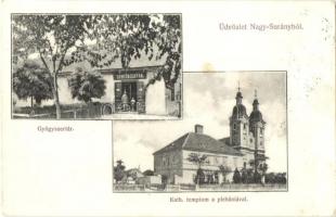 Nagysurány, Surany; Gyógyszertár, Római katolikus templom a plébániával. Fogyasztási Szövetkezet kiadása / pharmacy, Catholic church with parsonage (megerősített sarkak / restored corners)