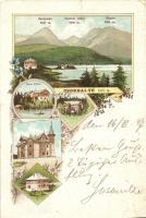 1897 (Vorläufer!) Tátra, Tatry; Csorbai tó, Szoliszkó, Bástya, Hotel Klimo, villa. M. Kuschel / Strbské Pleso, Solisko, Basta, hotel, villa. Art Nouveau, floral, litho (vágott / cut)